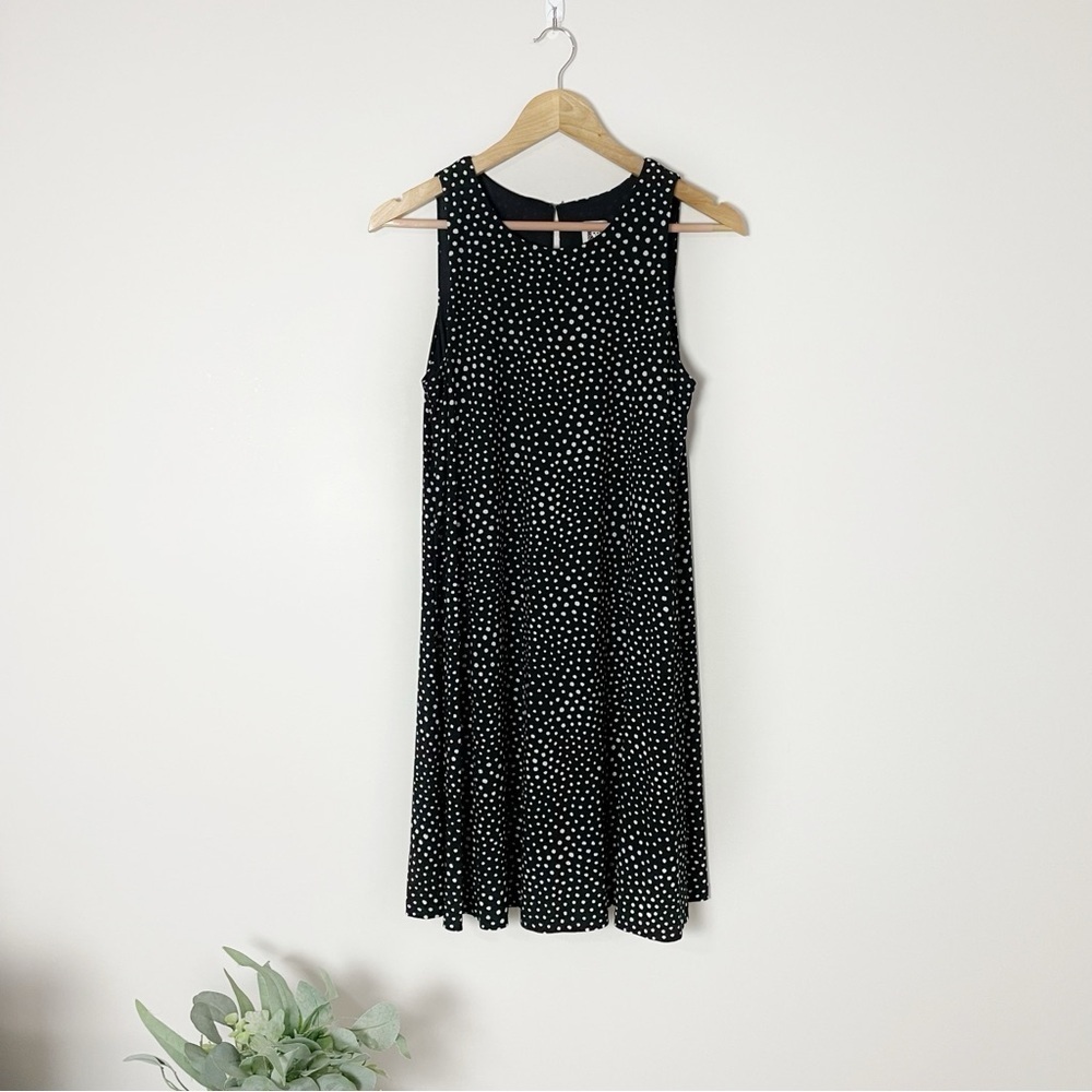 [Anne Klein] Women's Black & White Polka Dot Print Swing Sleeveless Dress